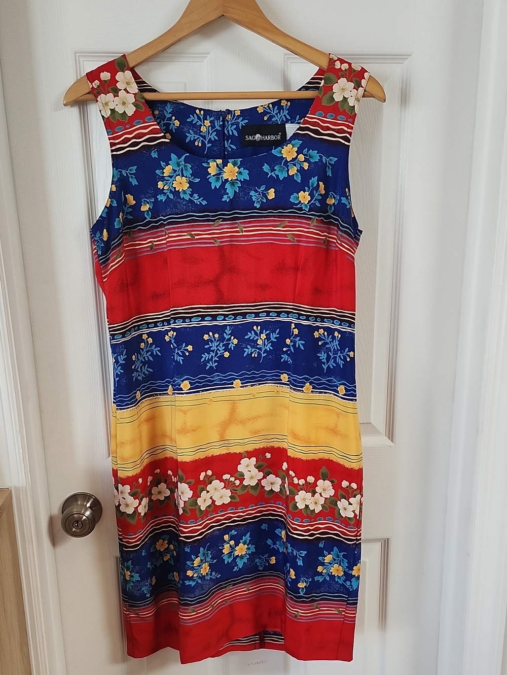 Sag Harbor Red Blue Yellow Floral Stripe Sleeveless Dress